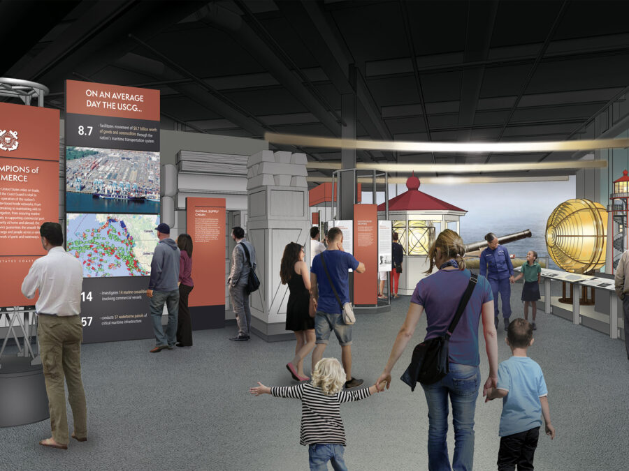 Color concept art rendering of the Deck 4 Champions of Commerce Wing exhibit where visitors learn how the Coast Guard safeguards American and international shipping and commerce by maintaining Aids to Navigation and Marine Safety.