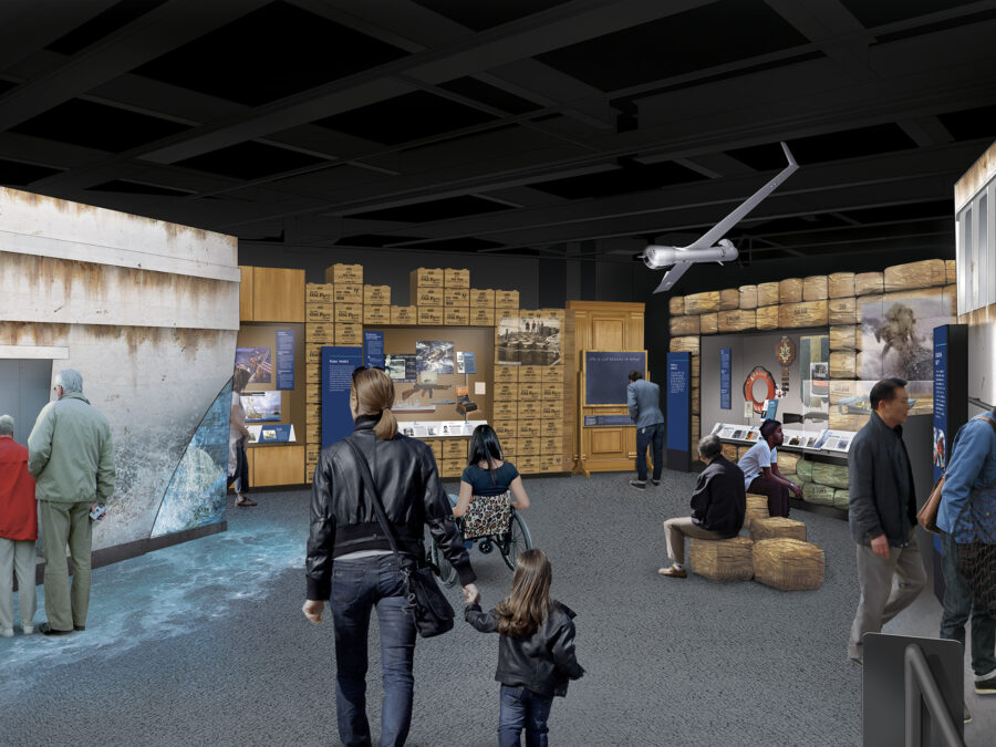 Color concept art rendering of the Deck 3 Enforcers of the Seas Wing exhibit where visitors will explore the Coast Guard’s role as a law enforcement agency, from counter-piracy operations in the eighteenth century to drug interdiction missions today.