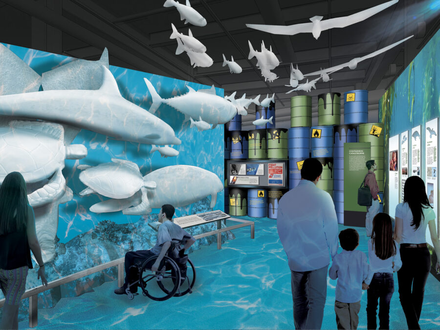 Color concept art rendering of the Deck 4 Champions of Commerce Wing exhibit where visitors learn how the Coast Guard safeguards American and international shipping and commerce by maintaining Aids to Navigation and Marine Safety.