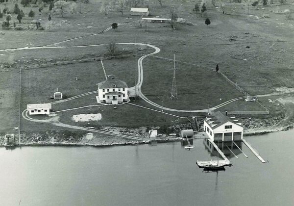 An aerial photograph of the Galloo Island Coast Guard Station and boathouse.