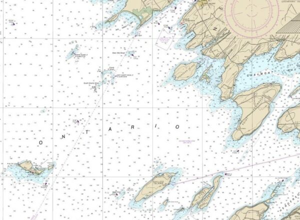An official NOAA chart showing the eastern end of Lake Ontario, including Galloo Island seen at the bottom of the chart in the middle.
