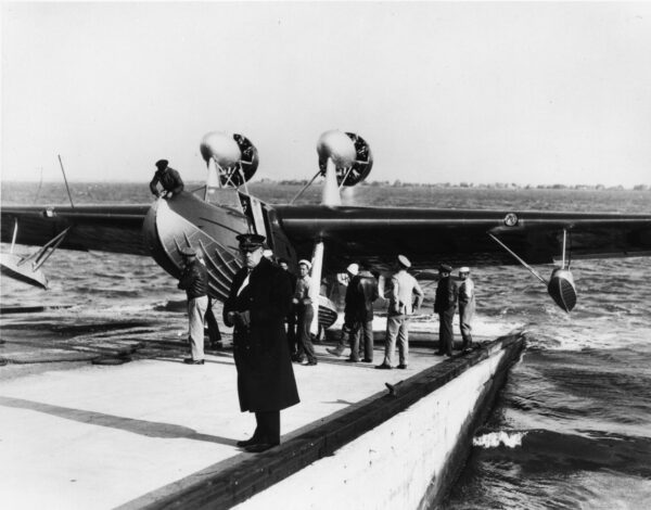Photo: Commissioning of an FLB by Cmdr. Norman Hall at the Naval Operating Base-Norfolk amphibian flight deck.