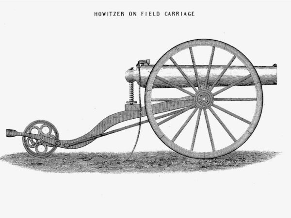 Vintage line engraving of a Civil War Dahlgren boat howitzer in profile view.