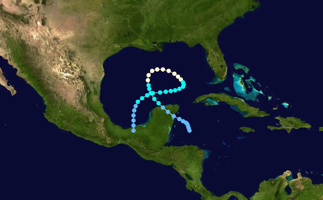 A track chart produced by NOAA showing the 1969 path of Hurricane Laurie through the Gulf of Mexico.