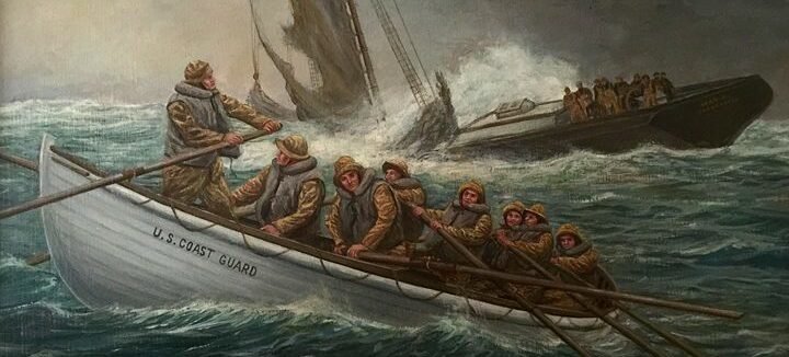 Painting depicting Coast Guardsmen rowing out in rough seas to rescue passengers of a sinking ship.