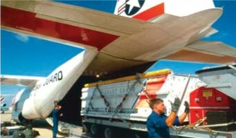 Photo: Cargo is being loaded onto a C-130 Hercules aircraft.