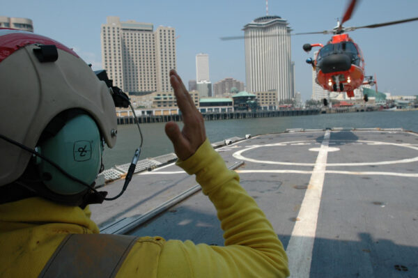 Photo: Dolphin helicopter from Coast Guard Air Station New Orleans lands on the Boston -based Coast Guard cutter Spencer to refuel.