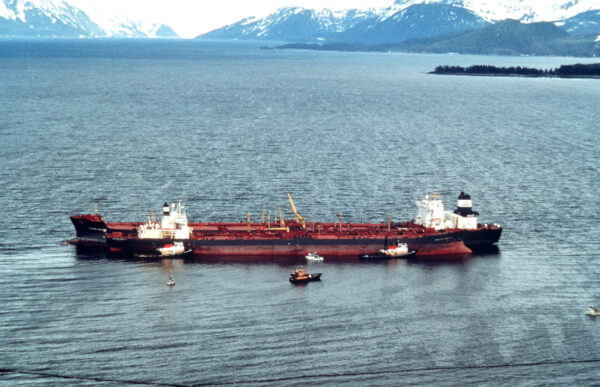 Photo: The tanker Exxon Valdez after she ran aground in Prince William Sound