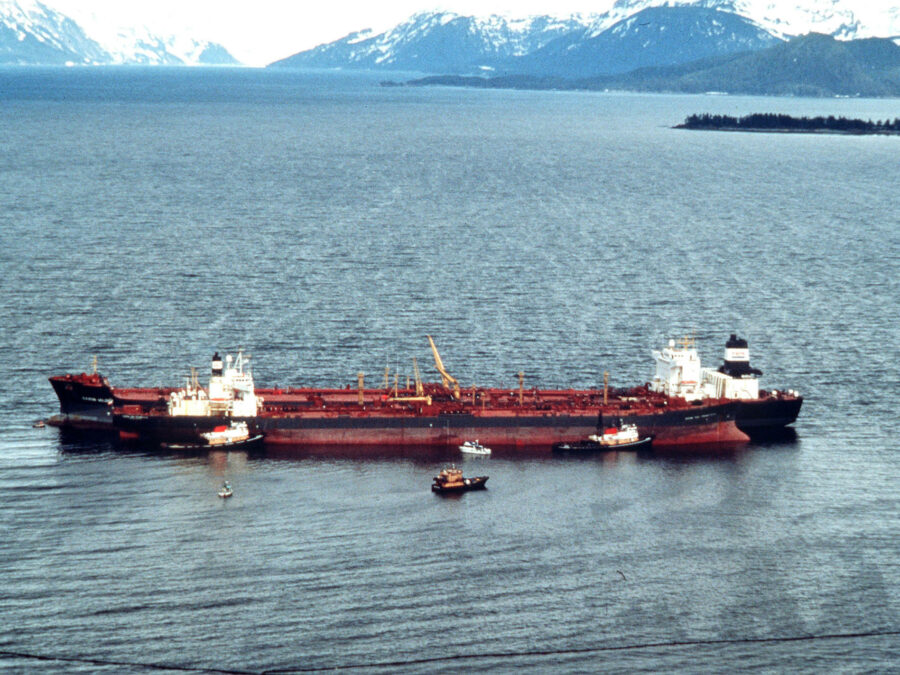 Photo: The tanker Exxon Valdez after she ran aground in Prince William Sound