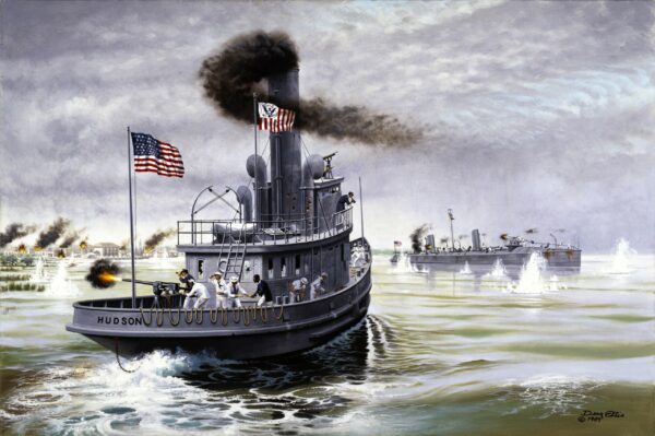 Painting of USRC Hudson heading into battle.