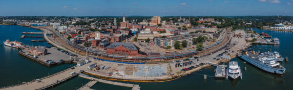 An aerial view of the National Coast Guard Museum construction site along the Thames River in New London, Connecticut. 