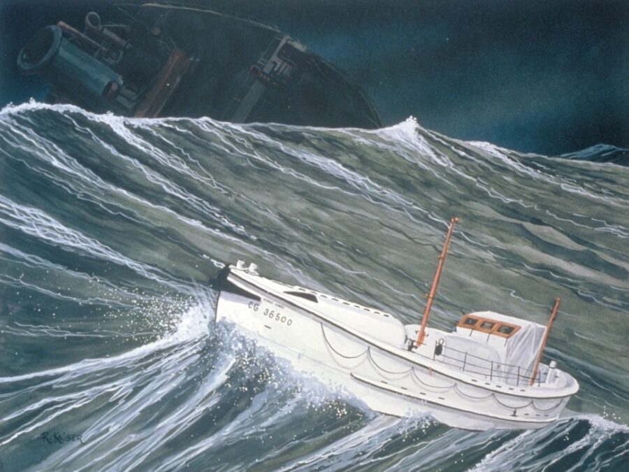 Painting of a white ship marked CG-36500, riding in heavy seas.
