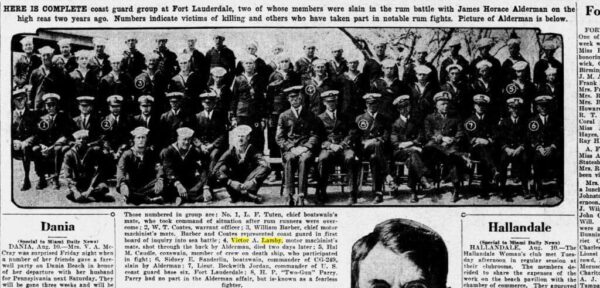 Newspaper clipping with photo and caption: “HERE IS COMPLETE coast guard group at Fort Lauderdale, two of whose members were slain in the rum battle with James Horace Alderman on the high seas two years ago. Numbers indicate victims of killing and others who have taken part in notable rum fights. Picture of Alderman is below.”
