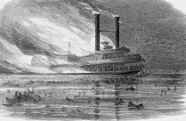 Illustration: The Sultana burns while survivors escape to the water.