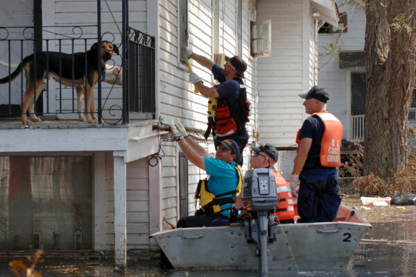 Photo: FEMA workers attempt to open a window from a U.S. Coast Guard boat, in order to rescue residents. The dogs of the house observe from the elevated porch.