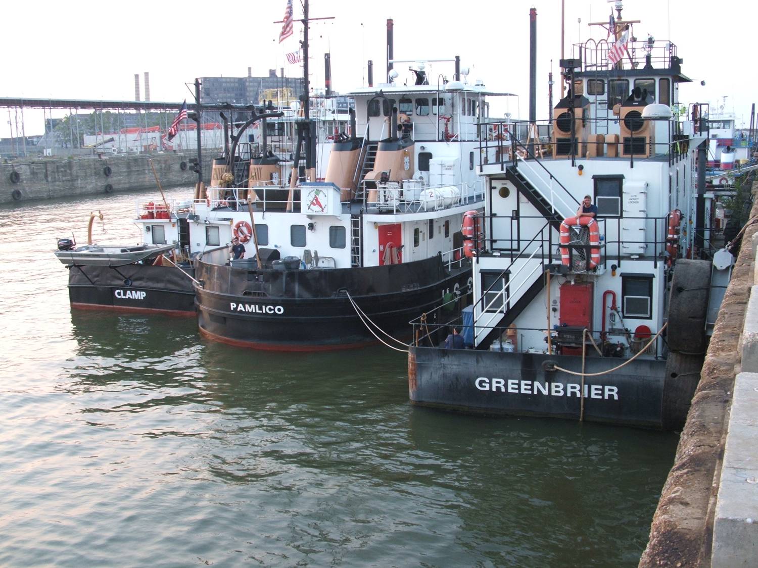 Photo: Tenders Clamp, Pamlico and Greenbrier docked.