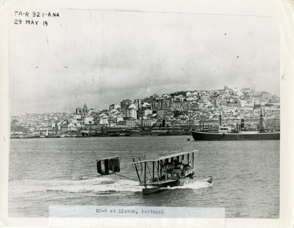 NC-4 landing in the Tagus River, Lisbon, Portugal. The worst of the Atlantic Crossing was over, but NC-4 suffered a mechanical breakdown on its final leg from Lisbon to Plymouth, England.