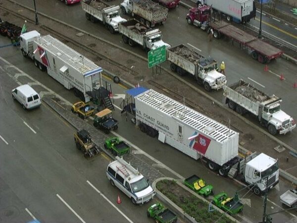 Photo: Aerial view of 2 Coast Guard mobile command posts.