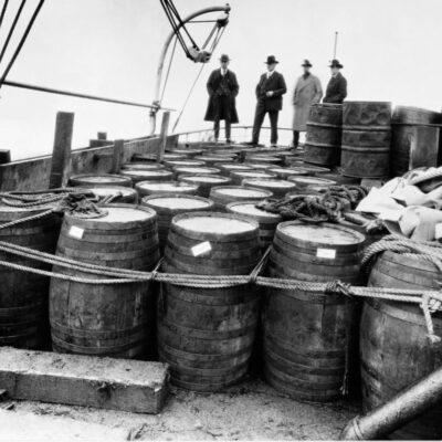Photo: Barrels of alcohol aboard a vessel seized by USCGC Seneca ca. 1925.