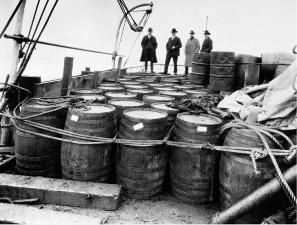 Photo: Barrels of alcohol aboard a vessel seized by USCGC Seneca ca. 1925.