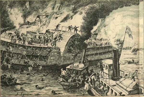 Illustration: A contemporary engraving showing the carnage wrought by the General Slocum fire.