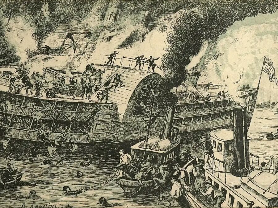 Illustration: A contemporary engraving showing the carnage wrought by the General Slocum fire.