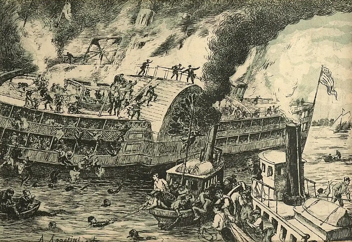 Illustration: A contemporary engraving showing the carnage wrought by the General Slocum fire.