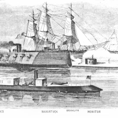 Illustration of gunboat E.A. Stevens along with Monitor and New Ironsides.