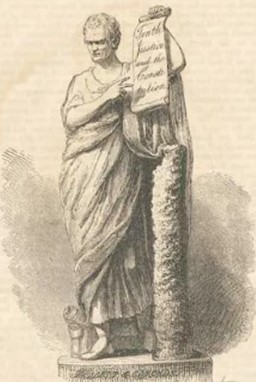 Engraving of a statue.