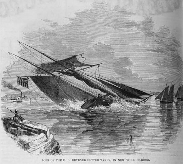 Engraving showing the Taney capsizing and sinking with the caption “Loss of the U.S. Revenue Cutter Taney, in New York Harbor.”