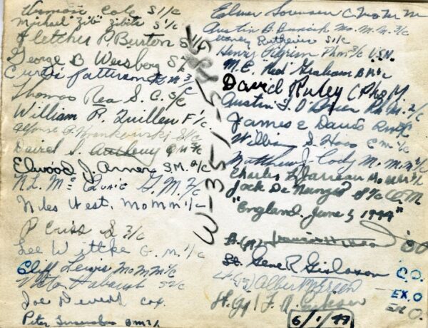 Back side of the LCI-94 crew photo showing signatures of the ship’s officers and enlisted men.