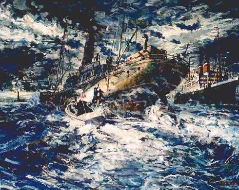Painting of Ensign Duke boarding the SS Greypoint from the 36-foot picket boat, CG 2327