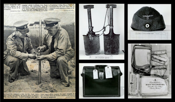 Photograph of Navy and Coast Guard men posing with some of the captured gear left behind by the Nazi saboteurs.