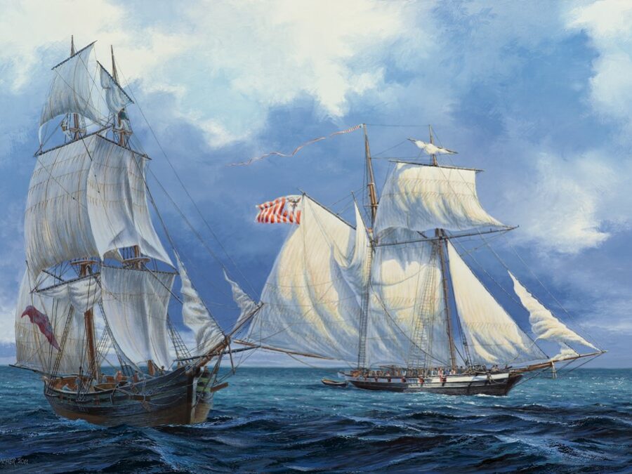 Painting depicting an encounter between two ships.