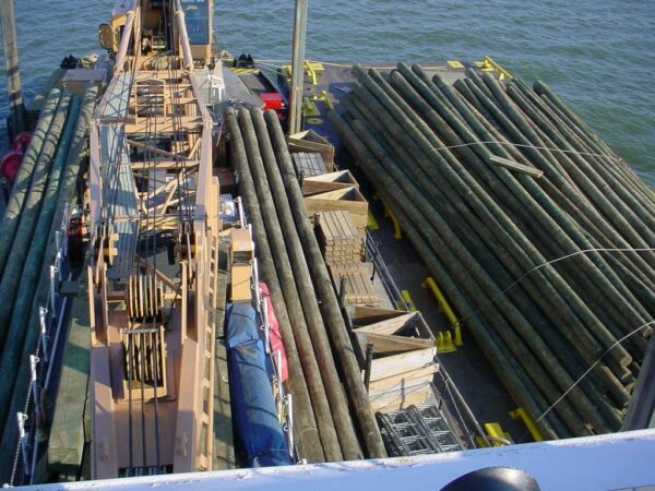Photo: Overhead view of construction materials prior to Pamlico’s deployment to restore the shipping channel.