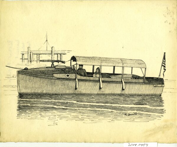 Illustration: Sketch of a Coast Guard patrol boat in New York cruising restricted areas of the harbor.