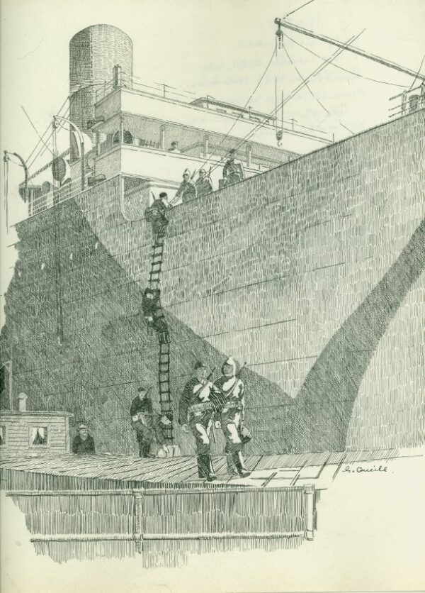 Illustration: Sketch of a Coast Guard sentries securing munitions loading operations on a pier in New York Harbor.