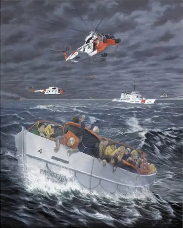Painting: A fully loaded rescue boat in heavy waters with Coast Guard helicopters in the dark sky. In the distance a cutter and further away the Prinsendam.