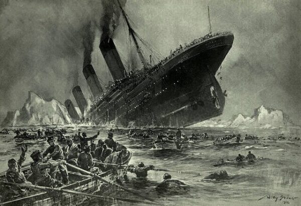 Illustration: A contemporary engraving showing the Titanic as she begins to sink.
