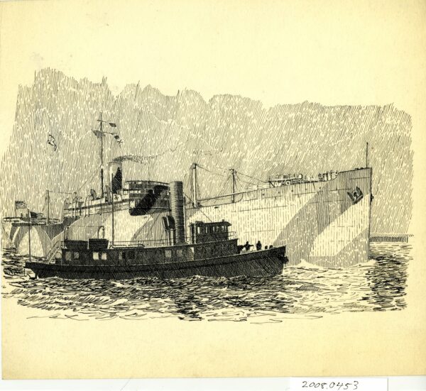 Illustration: Sketch of a tugboat moving a World War I munitions ship in New York Harbor.