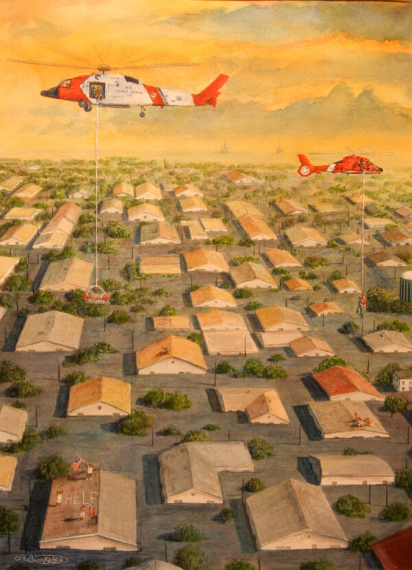 Painting: Helicopters hoist evacuees from rooftops.