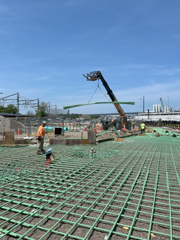 Photo: Rebar is arranged for the foundation prior to concrete pour.