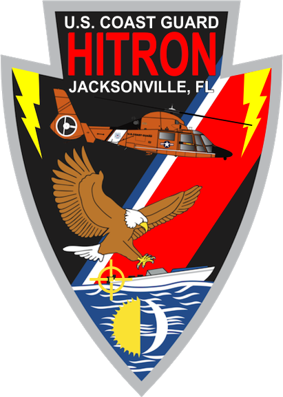 Graphic: The HITRON shield showing the MH-65 Dolphin currently flown by the squadron and a bull’s-eye targeted on a “go-fast” motor.