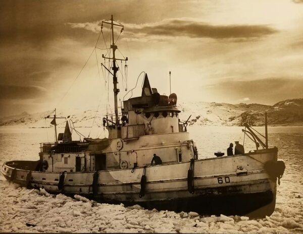 Sepia photograph: Coast Guard tug Manitou as seen from starboard side.