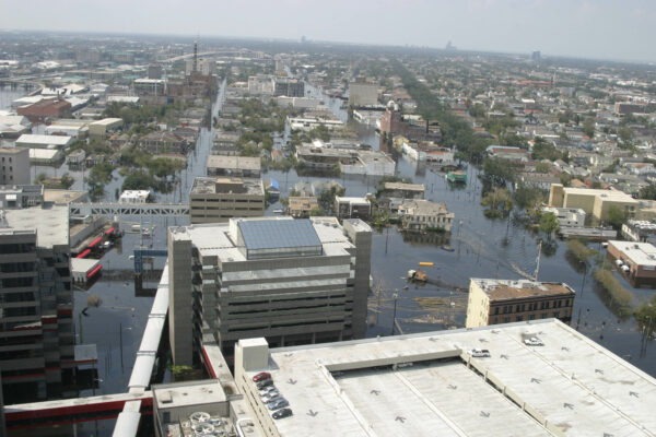 Photo: Aerial view of a flooded city.