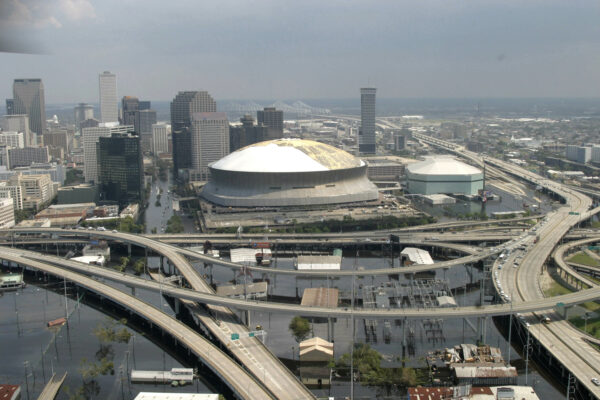 Photo: Aerial view of the Lousiana Superdome and nearby flooded areas.