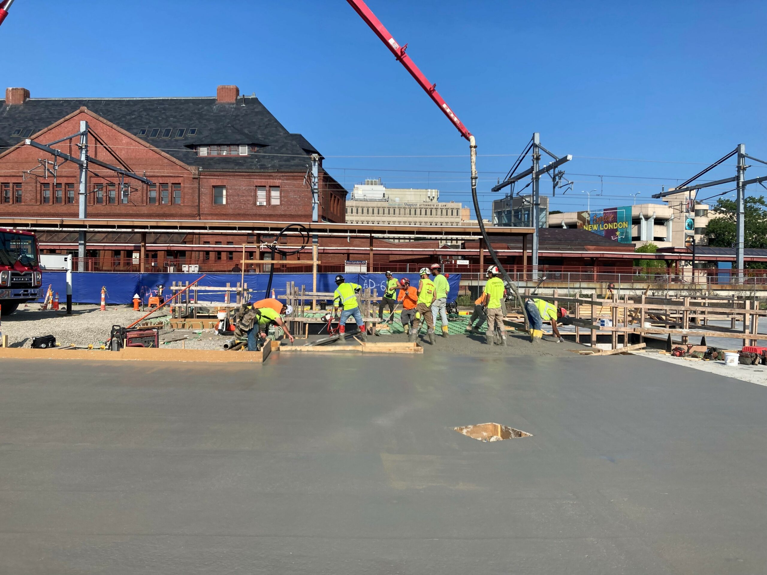 Concrete pour of the primary foundation for the National Coast Guard Museum in New London, Connecticut.