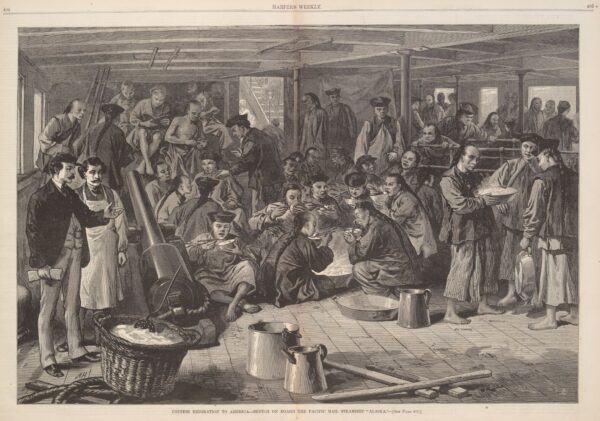 Drawing depicting Chinese immigrants aboard a ship during inspections, titled Chinese emigration to America – Sketch on board the Pacific Mail Steamship “Alaska”