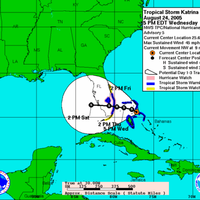 Map: Tropical Storm Katrina - August 24, 2005 5PM EDT, Wednesday. NWS TPC/National Hurricane Center Advisory 5. Current Center Locatoin 25.6 N 77.2W. Max Sustained Wind 45 MPH. Current Movement NW at 9 MPH. -- Legend: Red circle with black dot in center: Current Center Location; Big black dot=Forecast Center Positions; Black dot with H in center= Sustained wind greater than 73 MPH; Black dot with S in center= Sustained wind 39-73 MPH; White cone with large round end= Potential Day 1-3 Track Area; Thick Pink Line=Hurricane Watch; Thick blue Line= Tropical Storm Warning; Thick Yellow Line=Tropical Storm Watch.