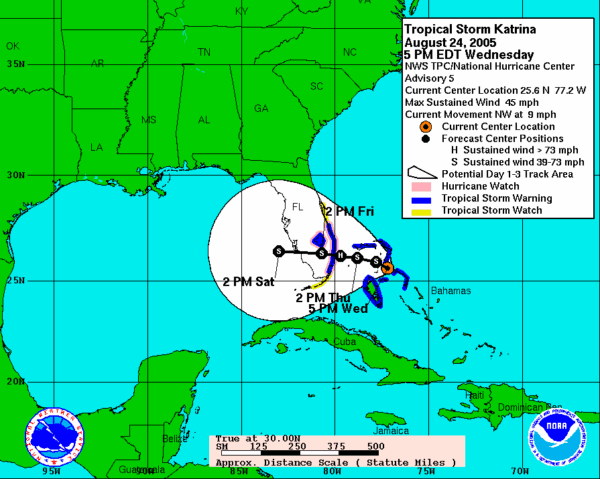 Map: Tropical Storm Katrina - August 24, 2005 5PM EDT, Wednesday. NWS TPC/National Hurricane Center Advisory 5. Current Center Locatoin 25.6 N 77.2W. Max Sustained Wind 45 MPH. Current Movement NW at 9 MPH. -- Legend: Red circle with black dot in center: Current Center Location; Big black dot=Forecast Center Positions; Black dot with H in center= Sustained wind greater than 73 MPH; Black dot with S in center= Sustained wind 39-73 MPH; White cone with large round end= Potential Day 1-3 Track Area; Thick Pink Line=Hurricane Watch; Thick blue Line= Tropical Storm Warning; Thick Yellow Line=Tropical Storm Watch.